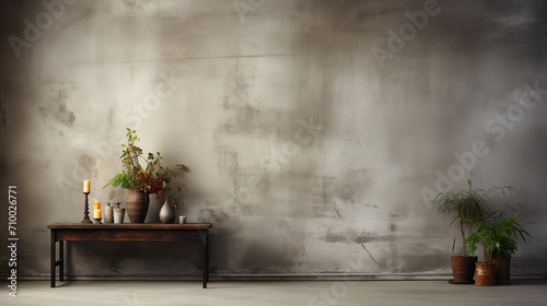 Smooth concrete texture wall with table and flowers