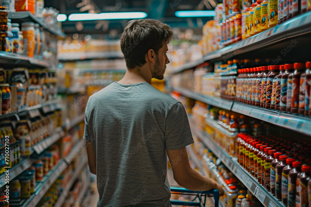 man pushing a cart and looking at the shelves of canned goods