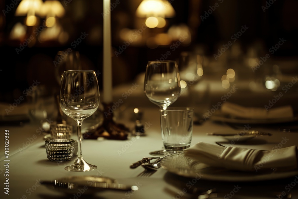 Dining table decorated for an evening dinner party, dinner concept for two glasses, luxury elegant table setting dinner in a restaurant Dining table decorated for an evening dinner party, dinner concept for two glasses, luxury elegant table setting dinner in a restaurant
