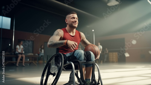Young Caucasian athlete in a wheelchair plays basketball in the gym.