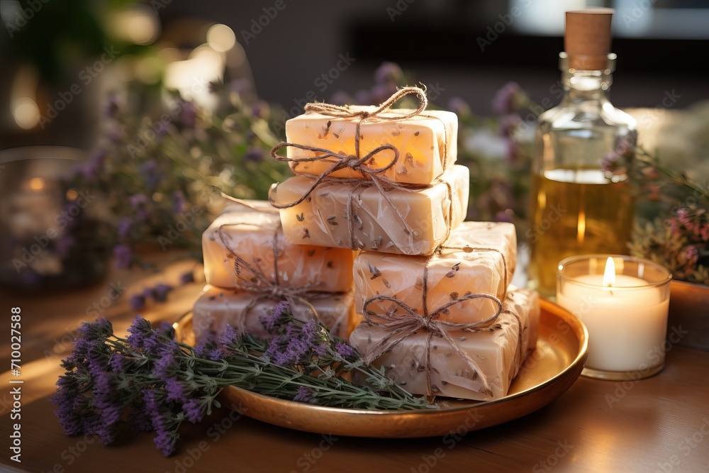 Organic lavender soaps tied with twine on a tray, accompanied by candles and flowers
