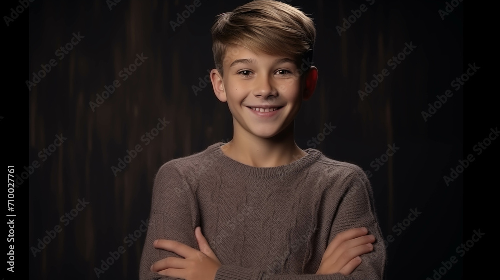 Caucasian boy with arms crossed in class.