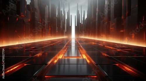 A neon-lit corridor stretching towards a vanishing point in a futuristic cityscape