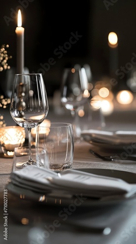 Dining table decorated for an evening dinner party, dinner concept for two glasses, luxury elegant table setting dinner in a restaurant