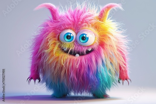 Cute multicolored furry monster 3D cartoon character.