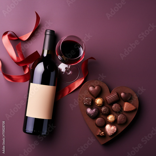 Bottle of red wine on colored background for Valentine Day with gift and chocolate. Heart shaped with gift box of chocolates top view with copy space Generative AI