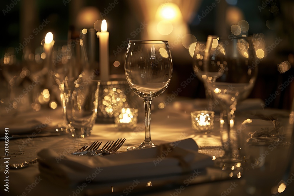 Dining table decorated for an evening dinner party, dinner concept for two glasses, luxury elegant table setting dinner in a restaurant Dining table decorated for an evening dinner party, dinner concept for two glasses, luxury elegant table setting dinner in a restaurant
