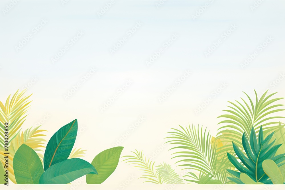 Various tropical plant leaves showcased with a soft gradient sky as backdrop, embodying calmness