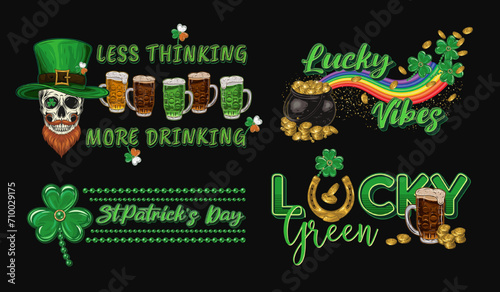 St Patricks Day horizontal Labels with holiday objects, text on black background. Skull, beer, pot with golden coins. For clothing, apparel, T-shirts, holiday stuff, goods decoration Vintage style