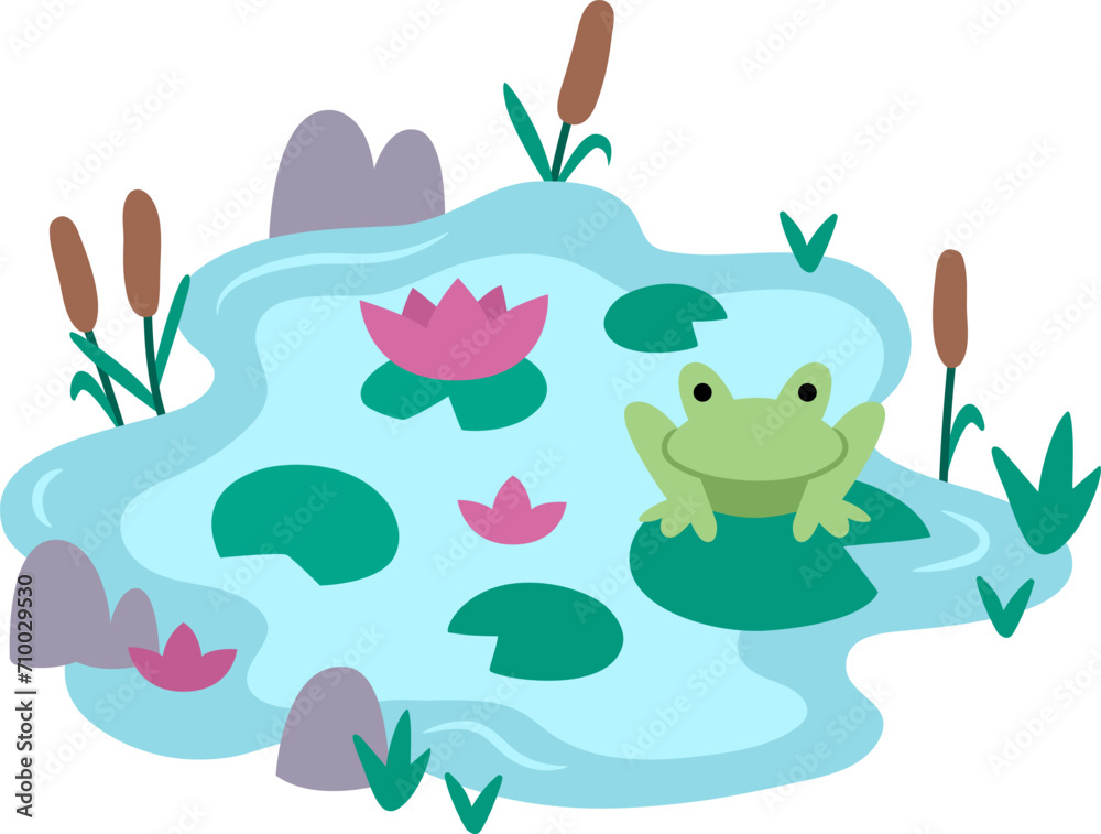Naklejka premium Vector pond landscape. Environment friendly concept with marsh, frog, reeds. Ecological or outdoor camping illustration. Cute nature scene .