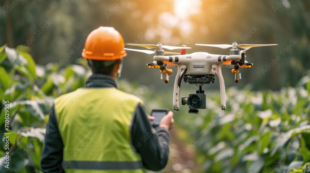 A man from behind with a safety vest in foreground controls a big drone in background with the remote control working over a plantation, Sunny day. Generative AI. A man from behind with a safety vest in foreground controls a big drone in background with the remote control working over a plantation, Sunny day. Generative AI.
