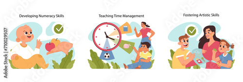 Early education with numeracy skill development, time management and artistic talents in young children. Parents teaching kids basic arithmetic, art and self-discipline. Flat vector illustration photo