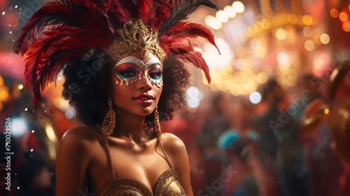 black beautiful woman with carnival mask at carnival party photo