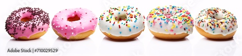five different colorful sprinkled doughnuts with holes on a white background, header