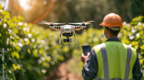 A man from behind with a safety vest in foreground controls a big drone in background with the remote control working over a plantation, Sunny day. Generative AI.