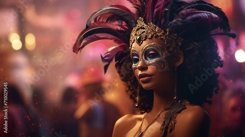 black beautiful woman with carnival mask at carnival party