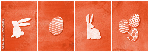Modern Easter Postcards Set, Watercolor handmade Rabbit Eggs background orange peach and white color photo