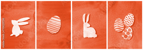 Modern Easter Postcards Set, Watercolor handmade Rabbit Eggs background orange peach and white color