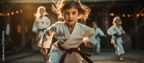 Kids practicing karate with a female fighter in a white kimono in a combat stance. photo