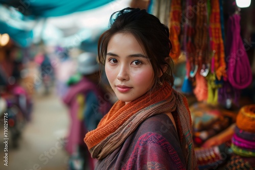 woman with captivating eyes, exploring a vibrant market, surrounded by colors and cultural richness