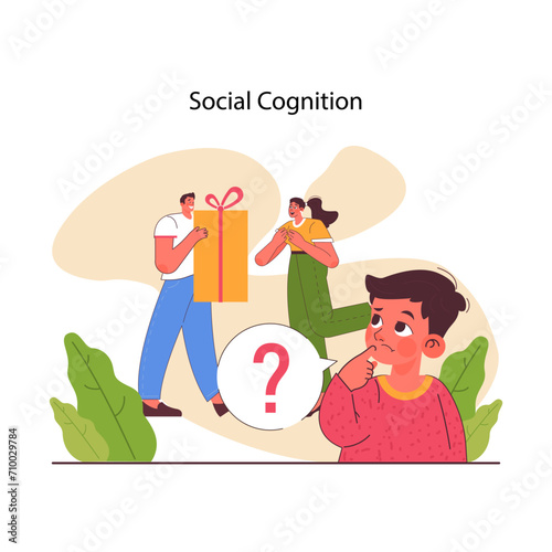 Social cognition. Human cognitive function, ability or capacity to process data about other people and social situations. Intellect development. Flat vector illustration