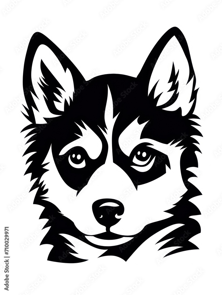 A black and white drawing of a husky dog's face. A black and white drawing of a husky dog's face.