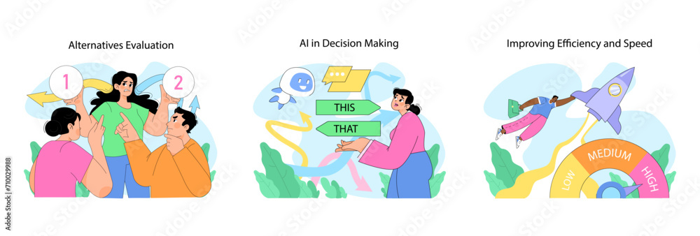 Decision making set. Examining alternatives, leveraging AI and enhancing efficiency. Characters depict swift and modern decision processes. Using technologies to make choice. Flat vector illustration
