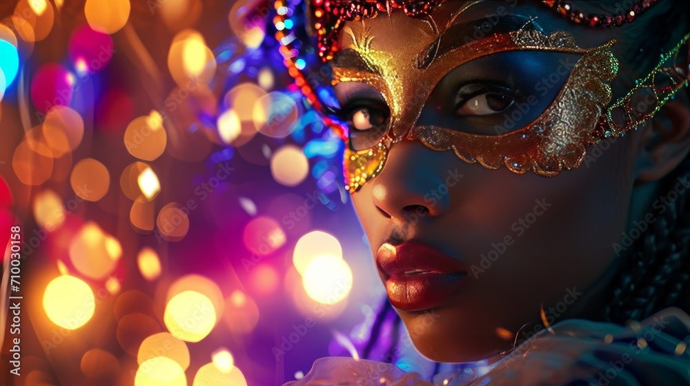 beautiful afro american woman with carnival mask with party background