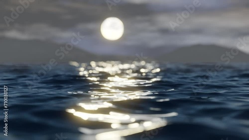 Ocean night landscape. Moonlight reflection on water.