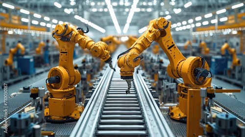 Robotic arm and steel conveyor in assembly car manufacturing factory. Generative AI.