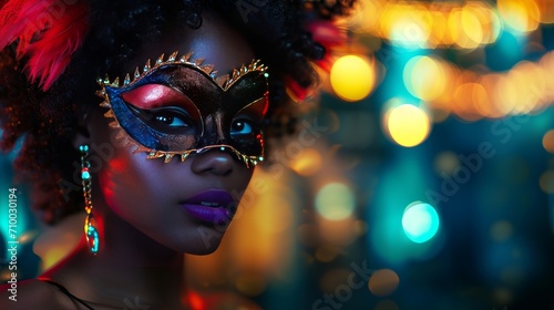 beautiful afro american woman with carnival mask with party background © tetxu