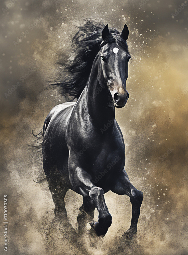 Graceful black horse captured in all its splendor in a meadow, dynamic pose, illustration for horse lovers.