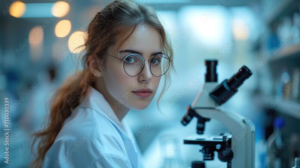 Beautiful young woman scientist wearing white coat and glasses beside a microscope in modern Medical Science Laboratory. Generative AI. Beautiful young woman scientist wearing white coat and glasses beside a microscope in modern Medical Science Laboratory. Generative AI.
