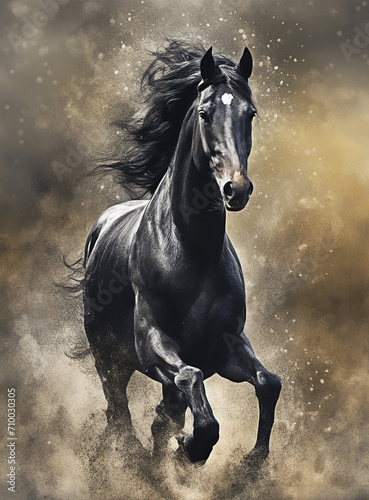 Graceful black horse captured in all its splendor in a meadow, dynamic pose, illustration for horse lovers. © Mustapha