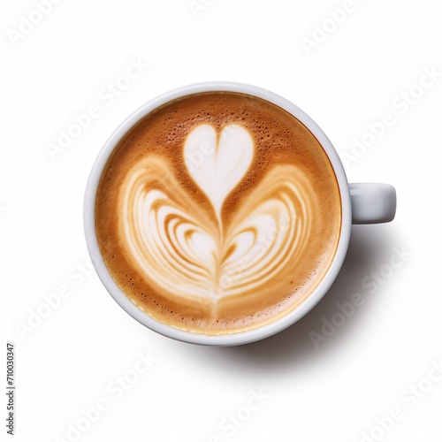 latte in cup with heart latte art isolated on white background