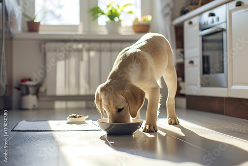 dog dining from a white bowl, puppy eating at home, modern interior, pets care, veterinarian, animal friends. photo