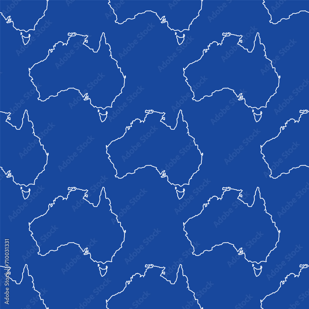 Seamless pattern of Australia maps in white outline on blue background