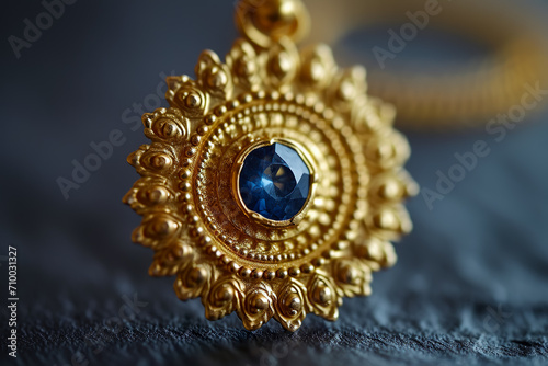 close-up of a gold earring, with a gemstone in the center