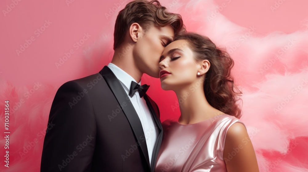 Luxury couple in love. Man in suit, woman in a sparkly pink dress. Fashion shot Luxury couple in love. Man in suit, woman in a sparkly pink dress. Fashion shot