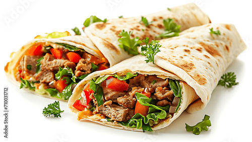 Tortilla Wraps with Beef and Vegetables Isolated on White Background