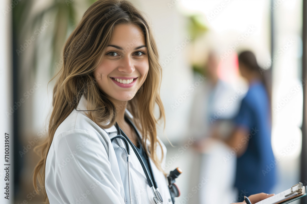 Portrait of a smiling young female doctor taking important notes of a patient's treatment Portrait of a smiling young female doctor taking important notes of a patient's treatment