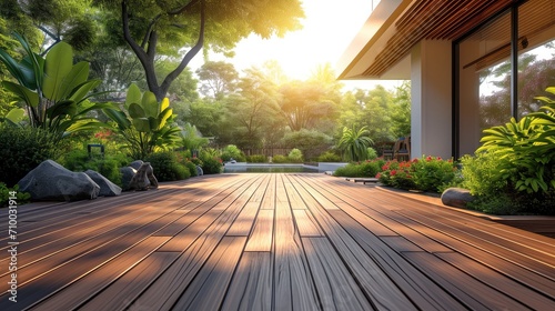 Modern house design, A low-angle picture of a contemporary home wooden patio and decking made of tropical hardwoods. Generative AI.