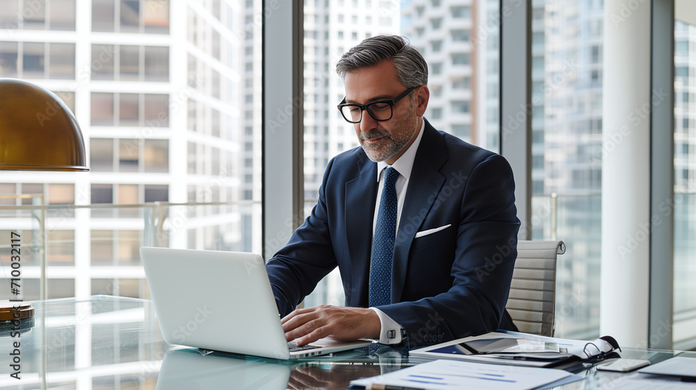 Obraz premium A mature businessman in a blue suit focused on work at his laptop in a modern office 