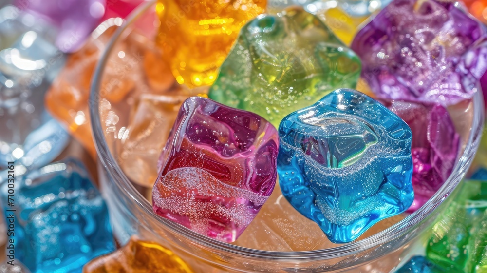 Glass of water with colorful fruit ice cube wallpaper background