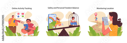Parental control set. Tracking online activities, balancing freedom with safety, and real-time location monitoring for child protection. Technologies assistance in parenting. Flat vector illustration