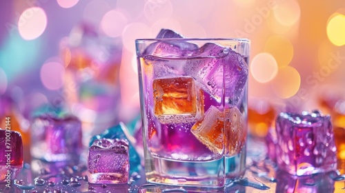 Glass of water with colorful fruit ice cube wallpaper background