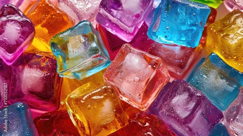 Colorful fruit ice cube frozen close up wallpaper background