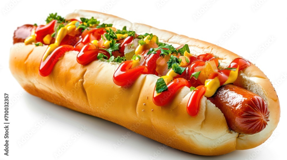 A hot dog in a bun with ketchup, mustard, mayonnaise, and parsley on a white background. A hot dog in a bun with ketchup, mustard, mayonnaise, and parsley on a white background.