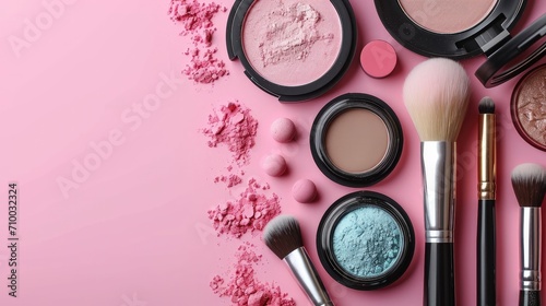 Make up professional cosmetics on pink background. Generative AI.