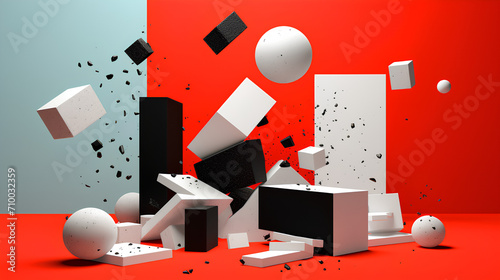 Vibrant 3D Geometric Shapes: Colorful Illustration with Cubes, Parallelepipeds, and Spheres in Dynamic Composition. Abstract Digital Art with Chaotic Arrangement and Lively Color Palette.